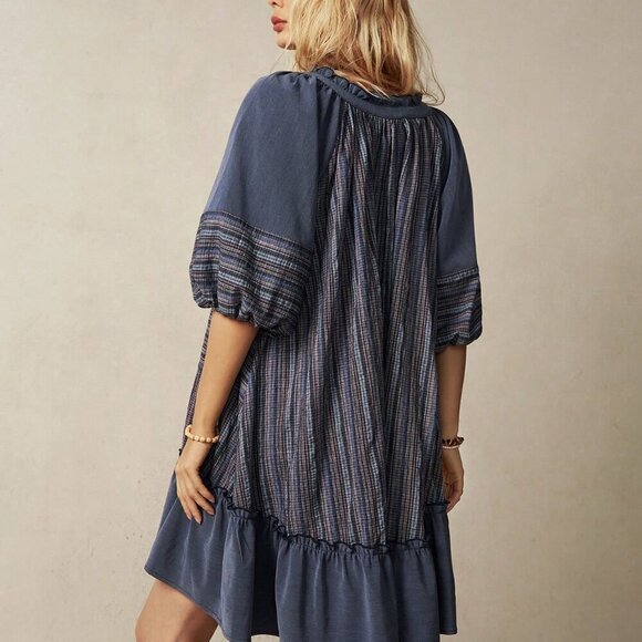 Multicolor Cute Women's Vacation Contrast Striped Ruffle Hem Tie Neck Dress - Picture 2 of 8